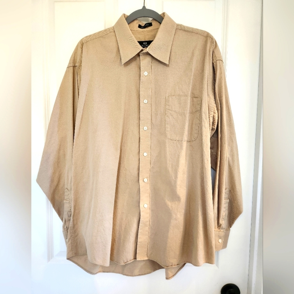 Beige 100% Cotton Button Down Long Sleeve Shirt 17 1/2 Neck 34/35 Sleeve - EUC